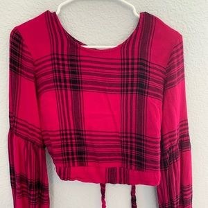 pink plaid pattern soft tie back shirt
